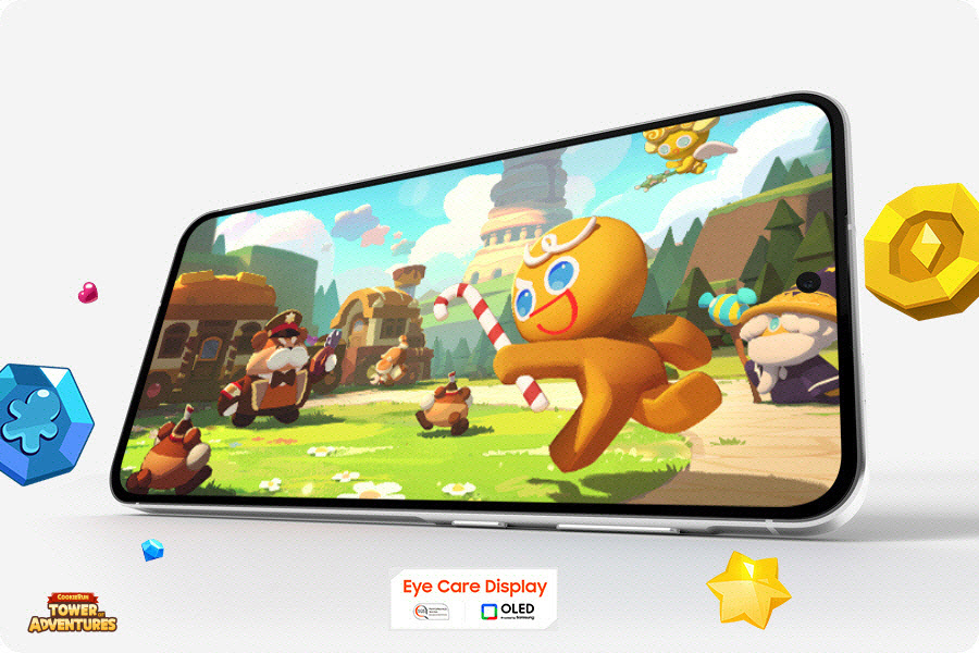 Vemos um Galaxy A56 5G posicionado horizontalmente. O jogo CookieRun: Tower of Adventures aparece na tela. Os itens do jogo s&atilde;o colocados aleatoriamente fora da tela. O texto Eye Care Display, a marca de desempenho SGS e o logotipo da tecnologia OLED aparecem na parte inferior. O logotipo de CookieRun: Tower of Adventures aparece na parte inferior.
