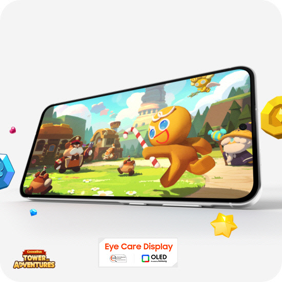Vemos um Galaxy A56 5G posicionado horizontalmente. O jogo CookieRun: Tower of Adventures aparece na tela. Os itens do jogo s&atilde;o colocados aleatoriamente fora da tela. O texto Eye Care Display, a marca de desempenho SGS e o logotipo da tecnologia OLED aparecem na parte inferior. O logotipo de CookieRun: Tower of Adventures aparece na parte inferior.