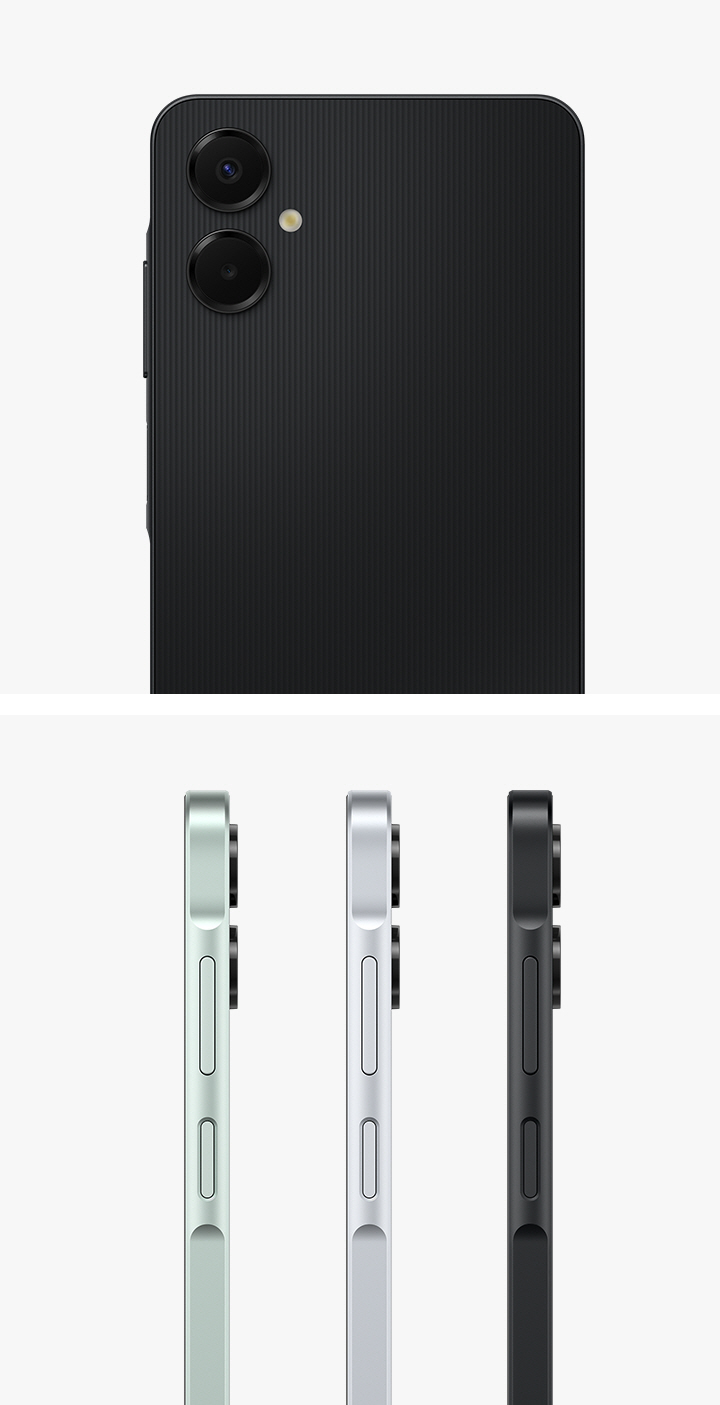 O perfil lateral de quatro dispositivos Galaxy A06 5G nas cores Verde, Cinza e Preto é exibido. A visão traseira de um Galaxy A06 5G Preto também é apresentada, destacando sua configuração de câmera dupla e o design mais fino.