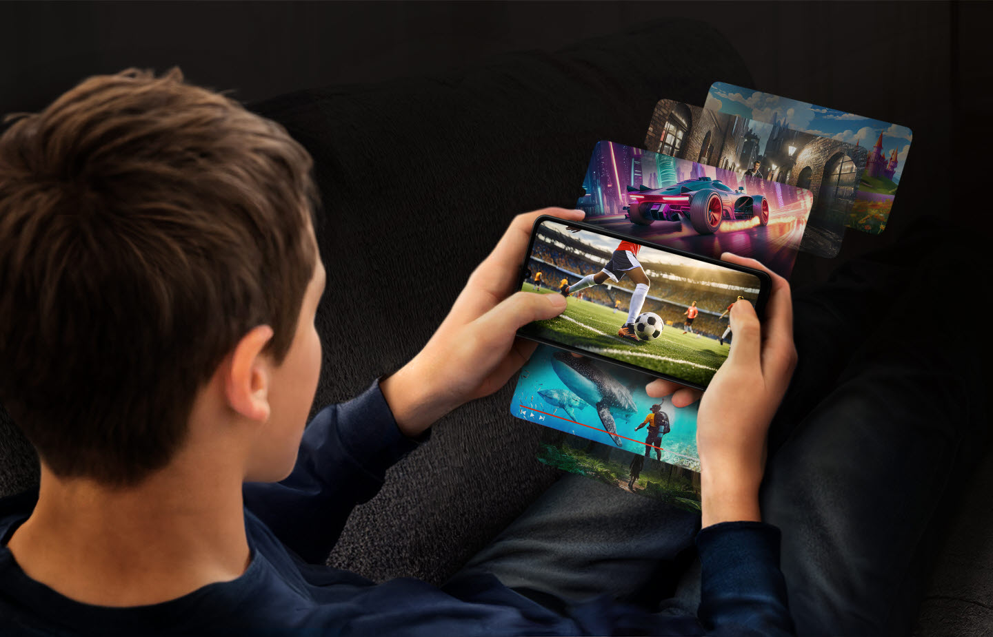 Uma pessoa está jogando no Galaxy A06 5G. Diferentes cenas do jogo são projetadas ao redor da tela, destacando a memória e a capacidade de armazenamento do Galaxy A06 5G.