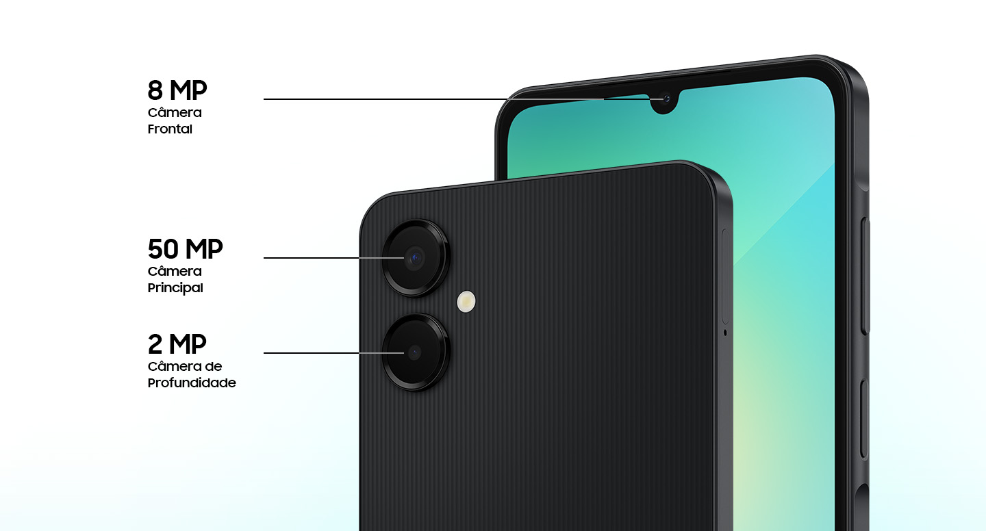 As especificações da câmera do Galaxy A06 5G incluem uma câmera frontal de 8 MP, uma câmera principal de 50 MP e uma câmera de profundidade de 2 MP.