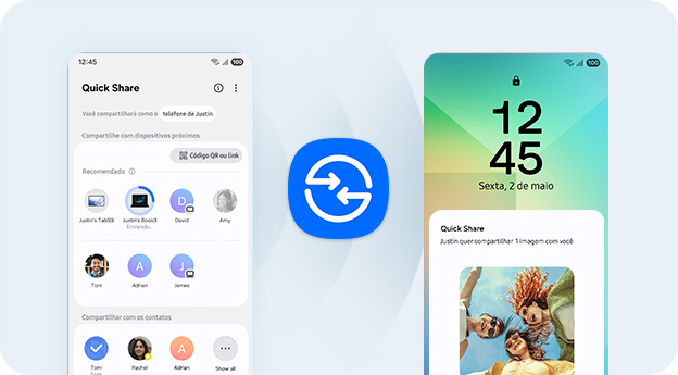 A tela do celular à esquerda exibe arquivos e contatos disponíveis para compartilhamento, enquanto o celular à direita mostra uma notificação de transferência via Quick Share, com uma prévia das imagens compartilhadas e o ícone do Quick Share ao centro.