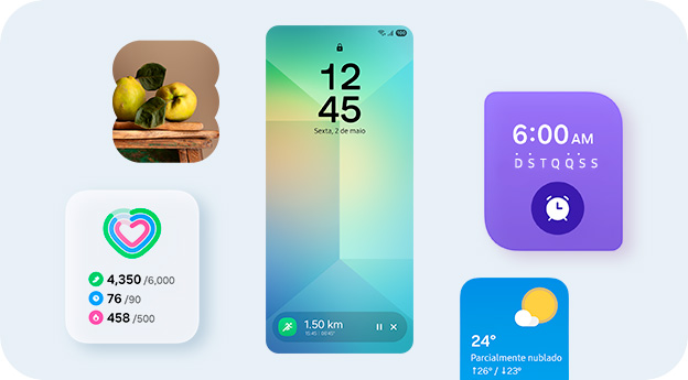 A tela de bloqueio de um smartphone exibindo o rastreador de corrida do Samsung Health na Now Bar, localizada na parte inferior da tela, com widgets da Galeria, Atividade Diária, Alarme e Clima ao redor da tela. 