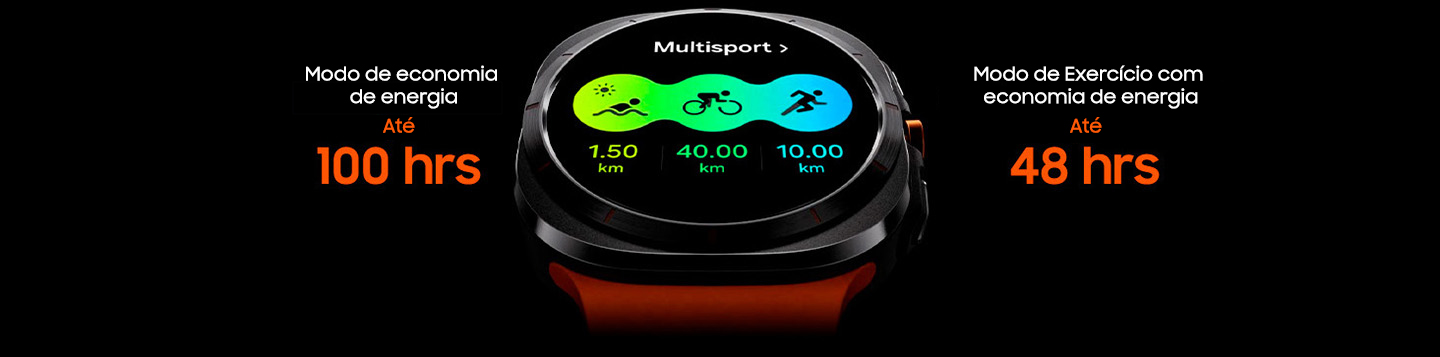 Um Galaxy Watch Ultra está exibindo uma tela de Bloco Multsport onde se vê a distância para natação, ciclismo e corrida.