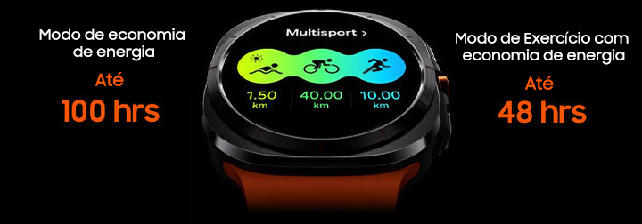 Um Galaxy Watch Ultra está exibindo uma tela de Bloco Multsport onde se vê a distância para natação, ciclismo e corrida.