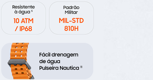 Resistente à água 10 ATM / IP68. Padrão Militar MIL-STD 810H. Fácil drenagem de água 
                        Pulseira Nautica.