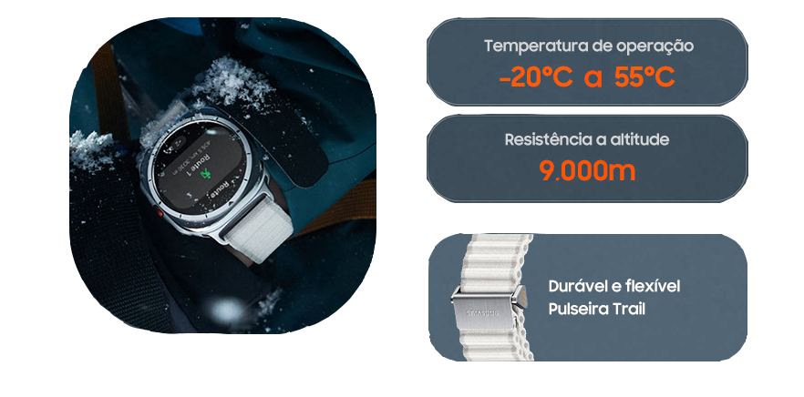 Uma pessoa com equipamento de escalada de montanha, com um pouco de neve neles, tem um Galaxy Watch Ultra em seu pulso. Temperatura de operação -20 °C a 55 °C. Resistência a altitude 9.000 m. Durável e flexível Pulseira Trail