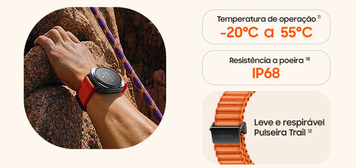 Uma mão agarrando uma rocha na montanha está usando um Galaxy Watch Ultra no pulso.Temperatura de operação -20 °C a 55 °C. Resistência a poeira IP68. Leve e respirável Pulseira Trail.