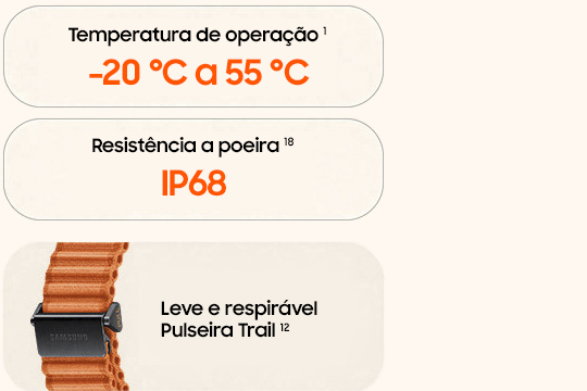 Temperatura de operação -20 °C a 55 °C. Resistência a poeira IP68. Leve e respirável Pulseira Trail.
