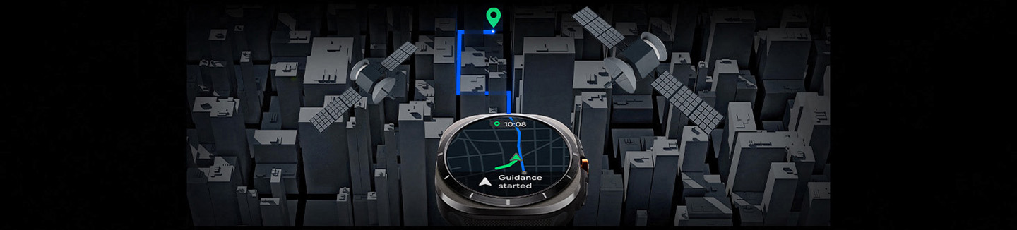 Um Galaxy Watch Ultra está exibindo a navegação em um mapa com o texto 'Orientação iniciada'. Uma linha direcional azul se estende da tela em direção ao destino por meio de densos quarteirões da cidade. Dois satélites podem ser vistos, enfatizando as bandas de frequência dupla.