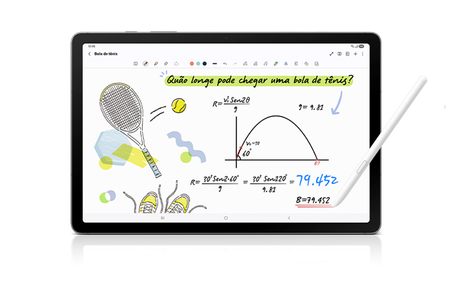 A S Pen é usada no aplicativo Notes do Galaxy Tab S10 Lite para anotar uma equação matemática e o Resolver matemática fornece automaticamente a solução.