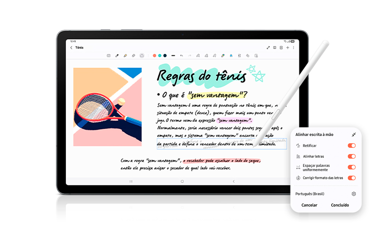 A S Pen é usada no aplicativo Notes na tela do Galaxy Tab S10 Lite para alinhar automaticamente a caligrafia de uma anotação bagunçada usando o recurso de Ajuda de caligrafia.