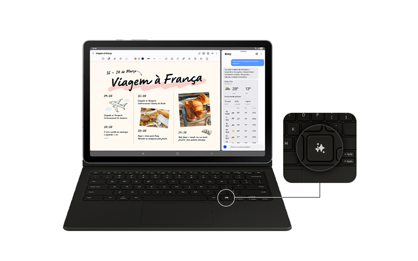 Um dispositivo Galaxy Tab S10 Lite com uma Book Cover Keyboard conectada está exibindo o aplicativo Notes na tela. A tela está dividida para mostrar uma conversa com o Bixby de um lado. Uma imagem de perto destaca a tecla Galaxy AI no teclado, mostrando sua localização.