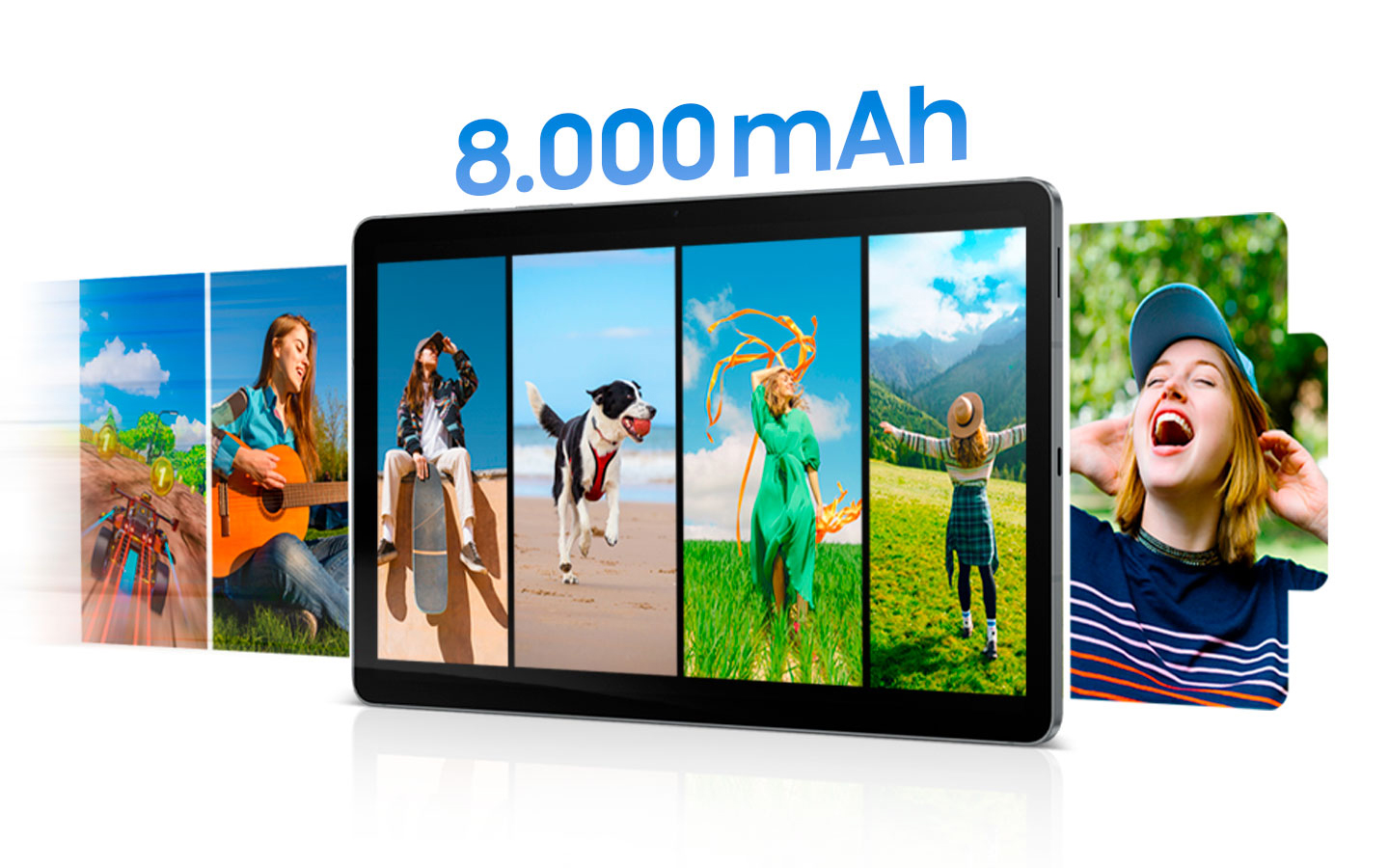 A tela do Galaxy Tab S10 Lite mostra uma série de fotos de momentos felizes que fluem pela tela da esquerda para a direita na forma de um ícone de bateria. Acima do dispositivo, o texto diz 8.000 mAh, destacando a grande capacidade da bateria que suporta o uso prolongado para desfrutar de fotos, vídeos e aplicativos sem a necessidade de carregamento frequente.
