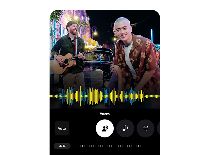 O Eliminador de Ruído remove sons de fundo das gravações, garantindo um áudio claro e de alta qualidade onde quer que você esteja.