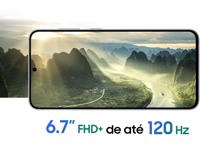 A tela FHD+ de 6,7' do Galaxy S25 FE oferece imagens vibrantes e nítidas com taxa de atualização de 120 Hz, bordas finas e brilho aprimorado com o Vision Booster.