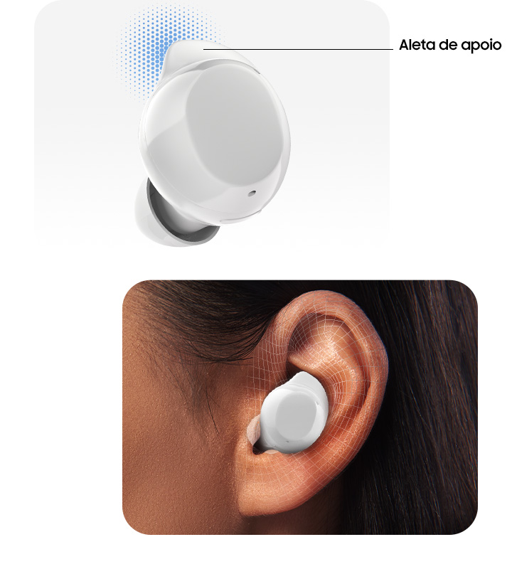 Vemos apenas um dos fones brancos Galaxy Buds Core com as pontas de silicone ajustáveis indicando o design. Uma mulher está utilizando-o no ouvido esquerdo, mostrando como ele se encaixa perfeitamente.