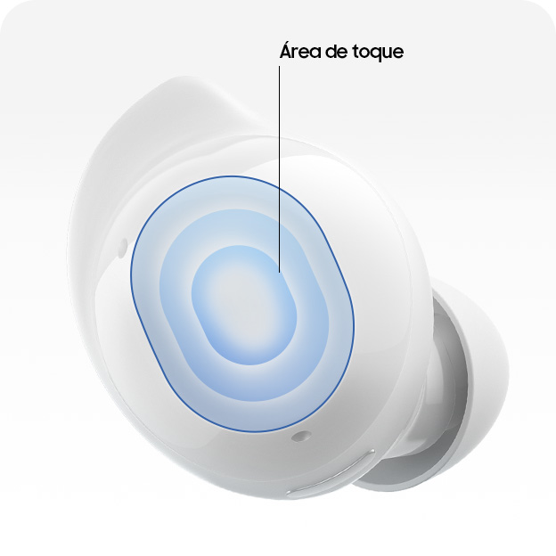Vemos apenas um dos fones brancos Galaxy Buds Core com a indicação “Área de Toque” no centro, mostrando onde o usuário deve tocar.