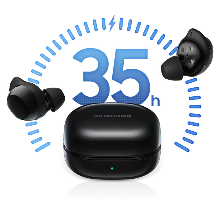 Um estojo de carregamento Galaxy Buds Core preto está ao centro, com os fones posicionados à esquerda e à direita do estojo. Ao fundo, vemos o texto “35h” representando o tempo de reprodução.