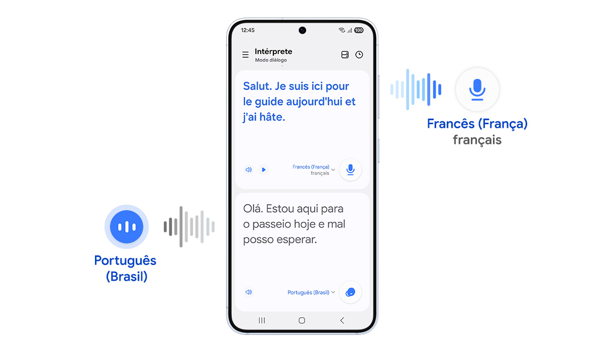 Vemos apenas um dos fones brancos Galaxy Buds Core e o par de Galaxy Buds Core brancos dentro do estojo de carregamento. Vemos também um fone branco destacando a ponteira e o lado voltado para o ouvido.