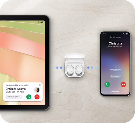 Vemos um tablet Samsung Galaxy à esquerda, um par de Galaxy Buds Core branco ao centro e um smartphone Samsung Galaxy à direita, mostrando como o recurso Auto Switch do Galaxy Buds Core alterna facilmente entre vários dispositivos.