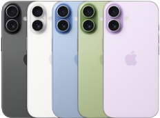 Parte de trás do iPhone 17, sistema de câmera dupla Fusion, as 5 cores se sobrepondo: preto, branco, azul-névoa, sálvia e lavanda