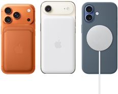 Parte de trás do iPhone 17 Pro, cor laranja-cósmico, carteira de tecido FineWoven com MagSafe laranja-raposa. Parte de trás do iPhone Air, cor dourado-claro, com bateria MagSafe. Parte de trás do iPhone 17, cor azul-névoa, com capa de silicone azul-âncora e carregador MagSafe