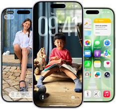 Parte da frente do iPhone 17, Dynamic Island centralizada no topo, três cores: azul-névoa, lavanda, sálvia