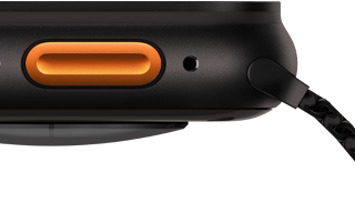 Apple Watch Ultra 3, caixa preta de titânio, sensor convexo na parte de baixo, botão de Ação e sirene no lado esquerdo