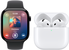 Apple Watch Series 11 com caixa ardósia de titânio e pulseira esportiva preta, app Apple Music aberto, emparelhado com AirPods 4