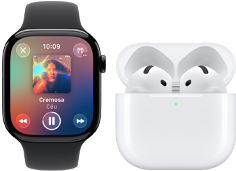 Apple Watch Series 11 com caixa ardósia de titânio e pulseira esportiva preta, app Apple Music aberto, emparelhado com AirPods 4