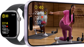 Apple Watch ao lado do iPhone com uma aula do Apple Fitness Plus na tela