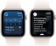 Dois aparelhos Apple Watch SE 3 com caixa estelar de alumínio mostrando o app Sinais Vitais nas telas