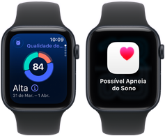 Dois aparelhos Apple Watch SE 3 com caixa meia-noite de alumínio mostrando a Qualidade do Sono e um alerta de possível apneia do sono nas telas