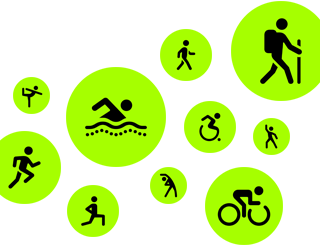 Ícones do app Exercício, desenho de pessoas correndo, caminhando, nadando, usando cadeira de rodas, fazendo trilha, pedalando, fazendo afundo, dançando, se alongando e fazendo yoga