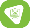 Ícone de um computador verde com uma engrenagem no topo e um fundo branco em formato triangular