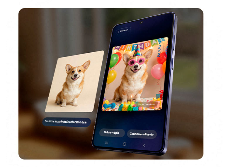  Uma foto de um Welsh Corgi exibe o prompt Transforme em uma festa de aniversário e o botão Gerar. A imagem resultante do Corgi em um cenário de festa de aniversário é exibida.