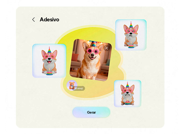 Uma foto de um cachorro usando óculos de sol foi usada para criar um pacote de figurinhas com várias emoções no Estúdio Criativo.