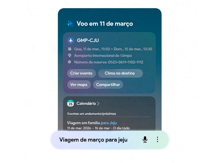 A tela inicial do Galaxy S26 Ultra aparece. O Finder &eacute; aberto a partir da tela inicial. O usu&aacute;rio digita na barra de busca &ldquo;viagem de mar&ccedil;o para Jeju&rdquo;. Em seguida, os detalhes do voo aparecem em um card f&aacute;cil de ler, com a&ccedil;&otilde;es como "Criar evento", "Clima no destino", "Ver mapa" e "Compartilhar".