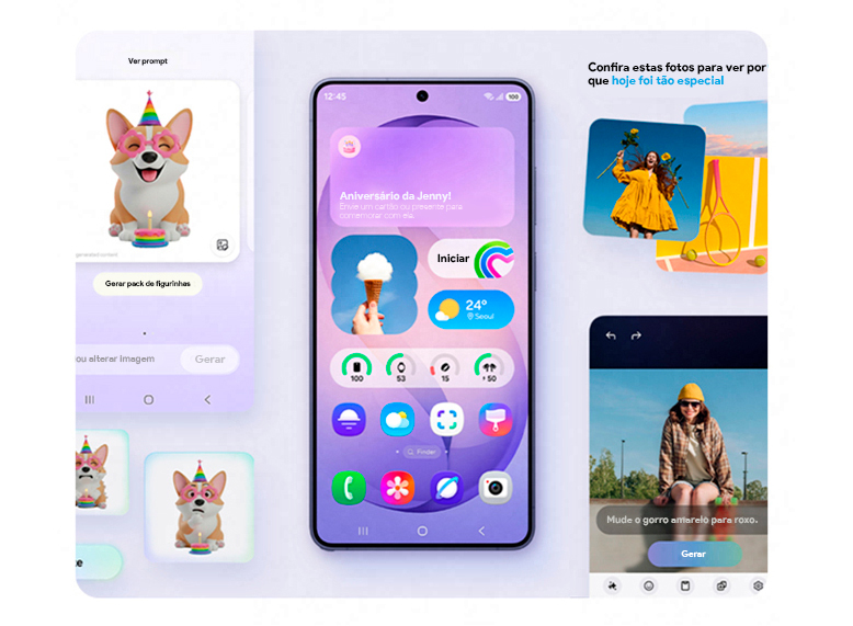 O Galaxy S26 Ultra é mostrado de frente. Ao redor do aparelho, aparecem recursos ativos personalizados às necessidades e aos hábitos do usuário, como Estúdio Criativo, Foto Inteligente e Outros.