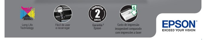 Long Life Technology / Fácil de usar e recarregar / Garantia Epson / Custo de impressão insuperável comparado com impressões a laser